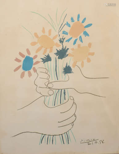 After Picasso, Flower and hands, coloured print, 64 x 49cm