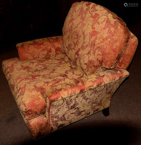 Duresta armchair, red and beige acanthus leaf design upholstery