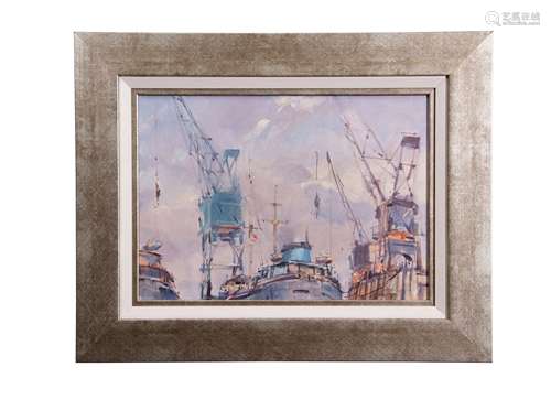 •AR Peter Gilman (1928-1984), Dockyard, oil on board, signed lower right , 25 x 35cm