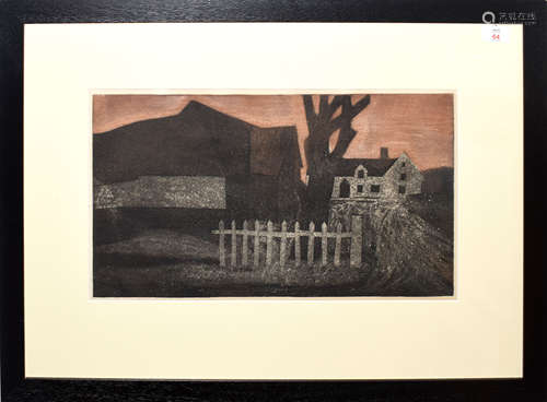 •AR George Chapman (1908-1993), Landscape with fence and cottage, possibly Great Bardfield area