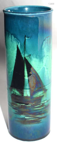 Wardle Pottery vase, the blue ground decorated in Barbotine fashion with sailing ships, 22cm high