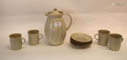 Yelland Pottery part coffee set comprising four coffee cans and saucers and a jug and cover, all