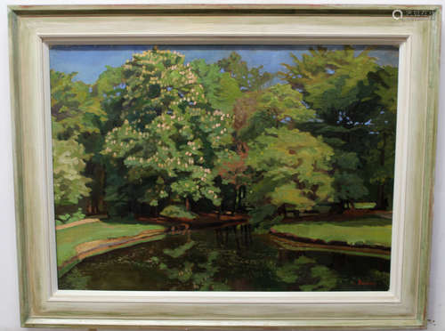 V Bergen (20th century), Impressionist river landscape, oil on canvas, signed lower right, 59 x 80cm