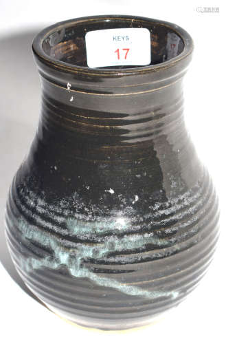 Ribbed pottery vase, the base marked ARK 1960, 16cm high