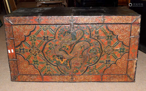 20th century hardwood trunk with Chinese decoration to front panel, 96 x 53cm