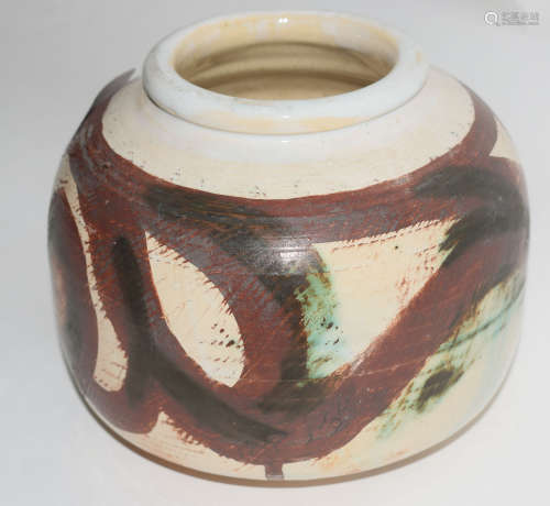 Studio Pottery vase, the white ground with a brown painted decoration with CK monogram to base