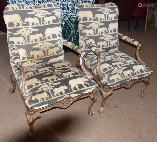 Pair of 20th century open armchairs in designer fabric upholstery depicting lions (2)