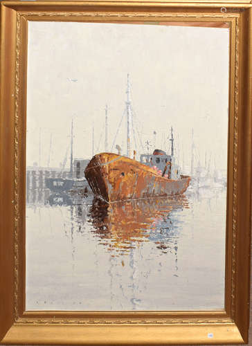 •AR Ron Belling (1933-1998), Ships in harbour, oil on board, signed lower left, 74 x 50cm