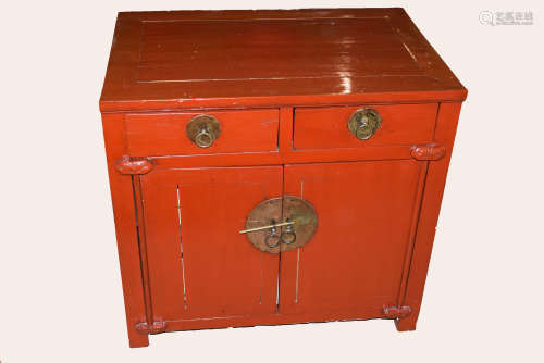 20th century Chinese style hardwood cupboard, two drawers over two doors, painted red, 77cm wide x