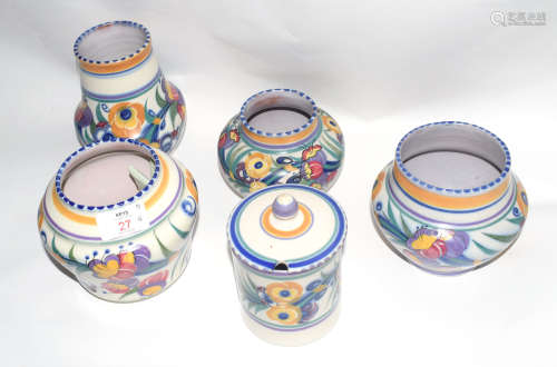 Group of four Poole Pottery Studio vases, all with floral designs by Truda Carter, largest 17cm high