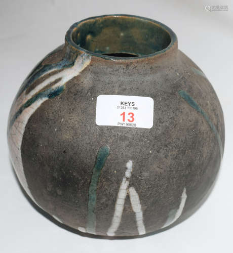 Raku ovoid vase with CH monogram for Christa Maria Herrmann, monogram and date 92 to base, 18cm