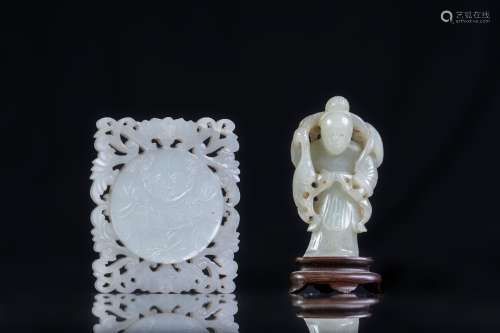 Arte Cinese Two white jade carvings: a plaque and a lady figure China, 19th century .