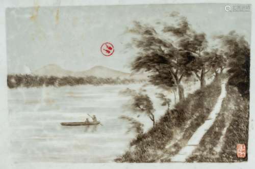 Arte Cinese A porcelain tile painted with a landscape in Jiangxi and bearing a six character red ma