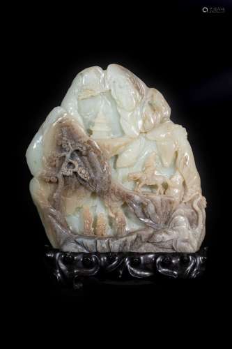 Arte Cinese A celadon and grey jade carving of a mountain with figures climbing to a pagoda China