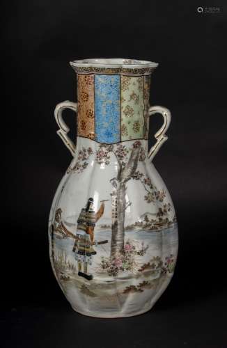 ARTE GIAPPONESE A lobed shaped pottery vase enamelled with a samurai writing a tanzaku Japan, 19th