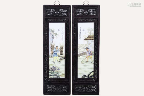 Pair of Chinese screen panels in wood and porcelai…