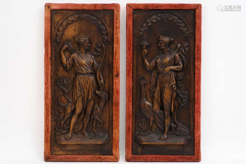 Pair of antique bas reliefs in oak each with a lad…