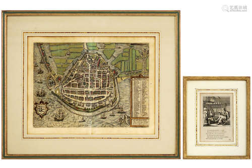 Two antique engravings : a coloured city plan of E…