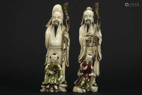 Pair of antique Chinese sculptures in partly polyc…