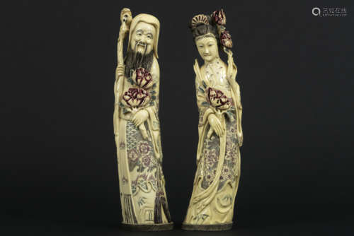 Pair of old Chinese sculptures in partly polychrom…
