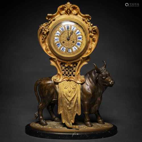 Importante Reloj de sobremesa francés Napoleón III en bronce dorado y bronce pavonado. Trabajo