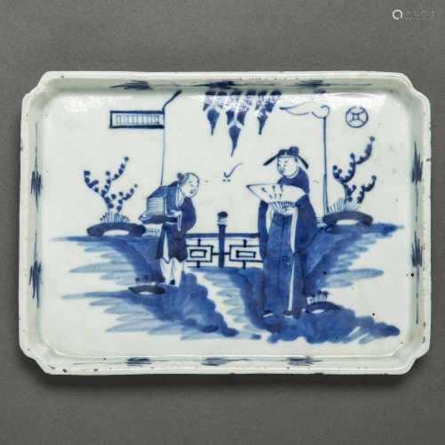 Fuente rectangular en porcelana china azul y blanca. Trabajo Chino, Siglo XIX