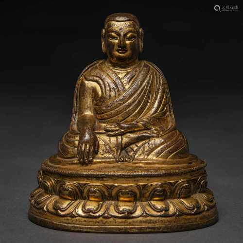 Buda tibetano realizado en bronce dorado. Siglo XIX