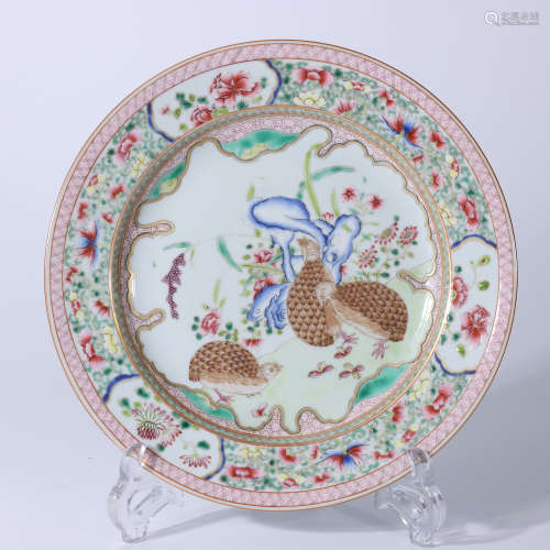 A FAMILLE ROSE BIRDS AND FLOWERS PLATE QING DYNASTY