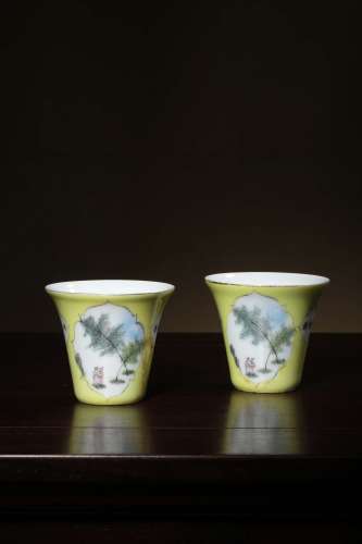 A PAIR OF YELLOW GLAZED FAMILLE ROSE FIGURES CUPS ‘JIANGXI PORCELAIN COMPANY MARKED’