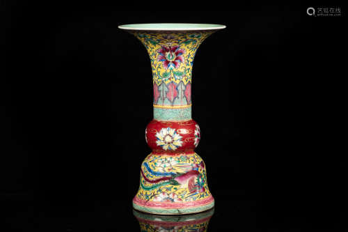 FAMILLE ROSE AND YELLOW GROUND 'FLOWERS AND BIRDS' VASE, GU
