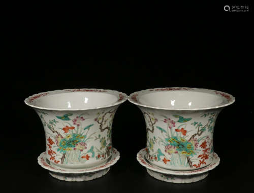 PAIR OF FAMILLE ROSE 'BUTTERFLIES AND FLOWERS' TEA CUP SETS