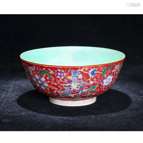 A FAMILLE ROSE RED GLAZED FLORALS BOWL QING DYNASTY