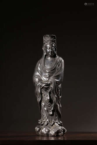 A SLIVER FIGURE OF A STANDING FIGURE OF GUANYIN BUDDHA QING DYNASTY