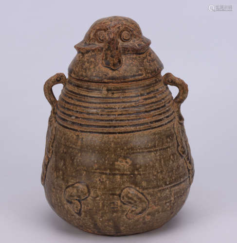 YUE-KILN GREEN GLAZED OWL POT WITH COVER TANG DYNASTY