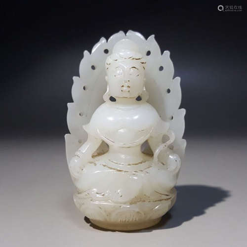 HETIAN JADE CARVED THE GODDESS OF MERCY SITTING ON THE LOTUS
