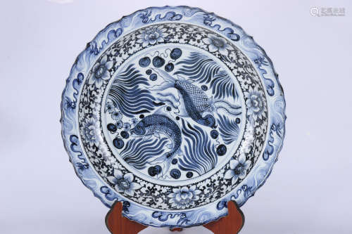 A BLUE AND WHITE FISH PLATE YUAN DYNASTY