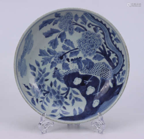 A BLUE AND WHITE BIRDS AND FLOWERS PLATE QING DYNASTY KANGXI PERIOD
