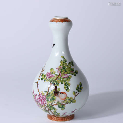 A FAMILLE ROSE BIRDS AND FLOWERS SCRIPTED GARLIC VASE QING DYNASTY YONGZHENG PERIORD