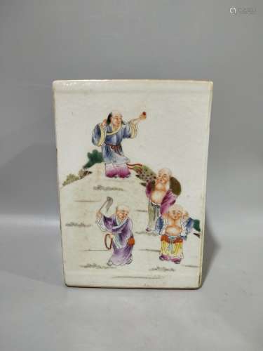 A FAMILLE ROSE EIGHTEEN ARHATS SQUARE BRUSH POT QING DYNASTY JIAQING PERIOD