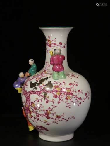 FAMILLE ROSE AND CARVED 'FLOWERS AND BIRDS' VASE WITH CHILDREN FIGURES