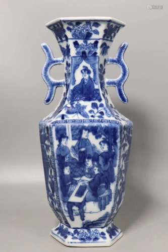 A BLUE AND WHITE FIGURE HEXAGON HANDLED VASE QING DYNASTY GUANGXU PERIOD