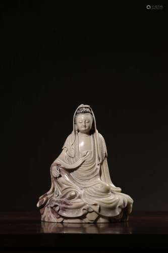 A FINE CARVED SITTING SHOUSHAN STONE FIGURE OF GUANYIN BUDDHA