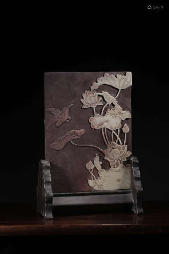 A FINE RELIEF BIRDS AND FLOWERS TABLE STAND QING DYNASTY ‘SHEN QUAN MARKED’