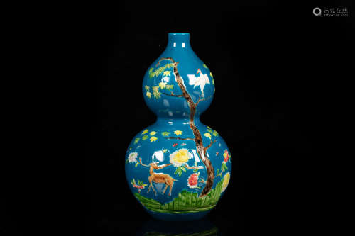 FAMILLE ROSE AND BLUE GROUND 'AUSPICIOUS' DOUBLE GOURD VASE
