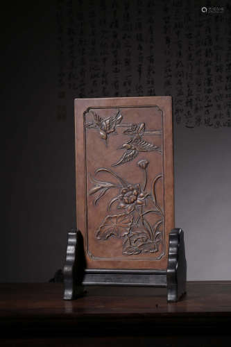 A CARVED STONE BIRDS AND FLOWERS SCRIPTED TABLE STAND QING ‘CHEN XIZU MARKED’