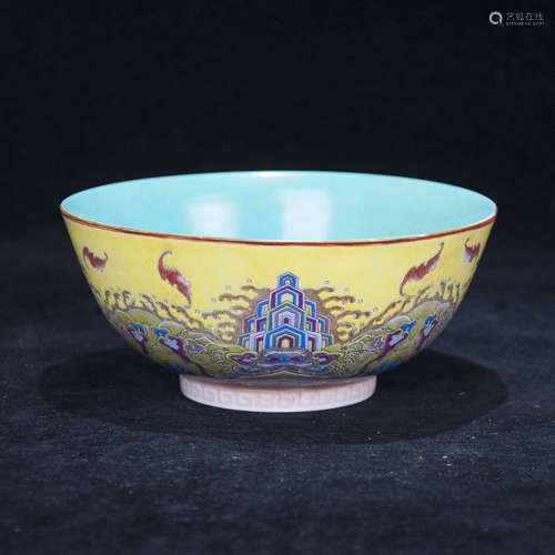A FAMILLE ROSE YELLOW GROUND ‘DUO FU’ BOWL