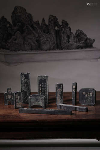A SET(NINE) OF INK CARVED SCRIPTED TABLE ORNAMENTS QING DYNASTY