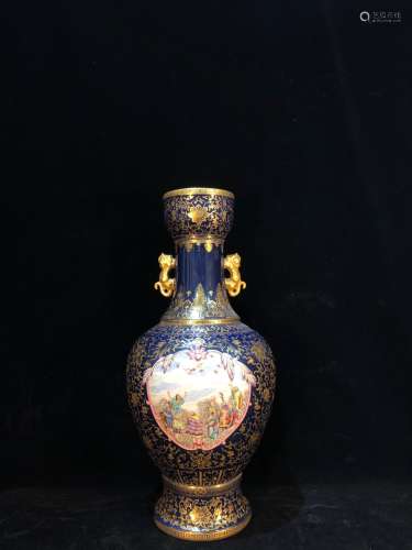 A FAMILLE ROSE BLUE GLZED GILT EIGHTEEN ARHATS VASE QING DYNASTY EMPIRE OLD COLLECTION