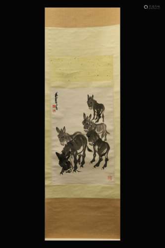 HUANG ZHOU: INK ON PAPER PAINTING 'DONKEYS'