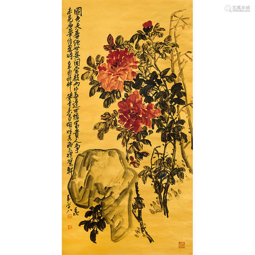 PEONY FLOWERS WITH DECORATED STONE BY WU CHANGSHUO